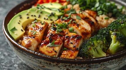 A wholesome bowl of brown rice topped with grilled chicken, steamed broccoli, and avocado slices, presented in a clean and appealing style.