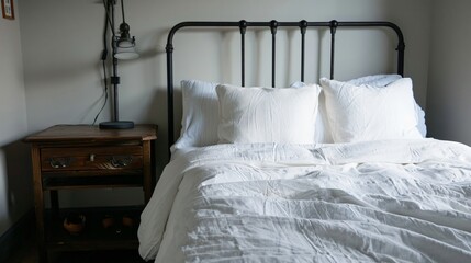 A minimalist duvet and pillow set on an old, rustic metal bed frame, with a wooden nightstand