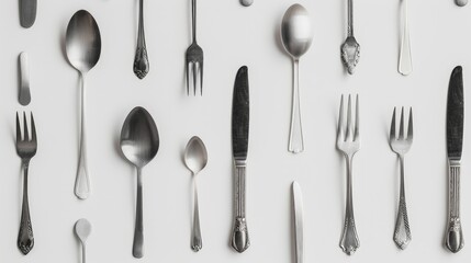 Silverware pattern on white surface from above