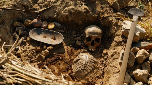 Archaeological dig finds human remains and artifacts in tomb outdoors