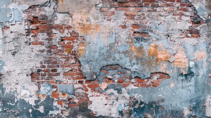 Aged weathered brick wall texture with distressed paint Damaged stone wall with plaster facade Abstract background for text