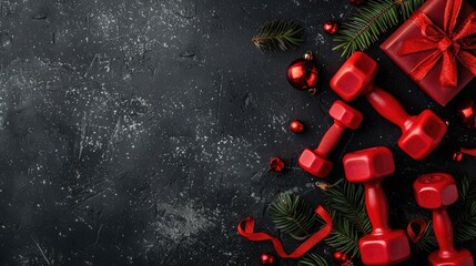 Christmas themed fitness composition with gifts and red dumbbells on black background top view with space for text Incorporates elements of fitness health and seasonal greetings for a winte