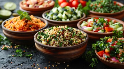 Obraz premium An array of dishes made with whole grains like quinoa, brown rice, and bulgur, paired with fresh vegetables and lean proteins.