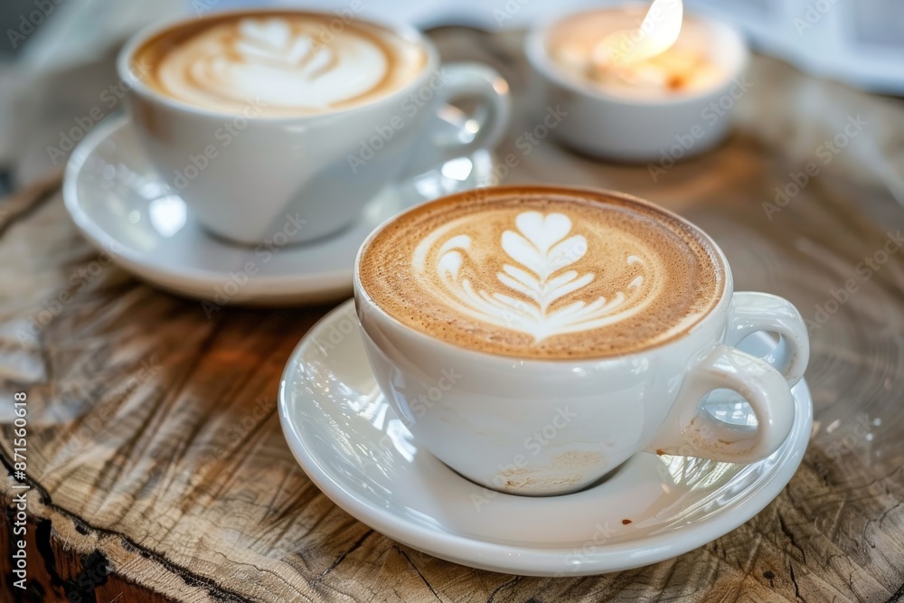Poster two cups of latte art coffee on a rustic wooden table creating a warm and inviting atmosphere