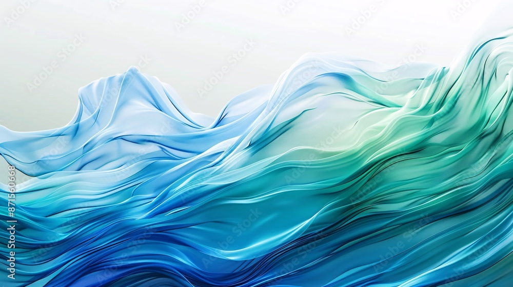Poster abstract design with flowing, wavy patterns in shades of blue and green, creating a sense of movemen