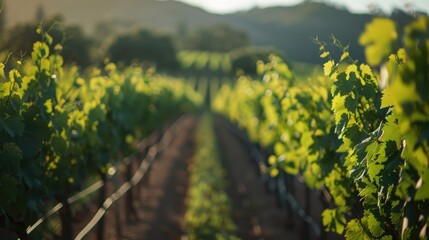 Scenic vineyard row with fresh green leaves in symmetrical layout blurred foreground for text