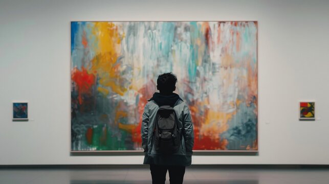 A person standing in front of a large painting in a quiet art gallery, with the focus on the artwork