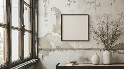 A simple geometric print in a sleek frame, hung on a wall with a vintage, chipped window frame