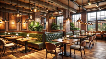 Cozy modern restaurant interior with dimmed lighting featuring wooden tables, leather booths, and elegant ceiling architecture details.