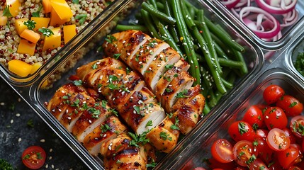 Healthy meal prep containers filled with roasted chicken, quinoa, and green beans, ready for the week ahead.