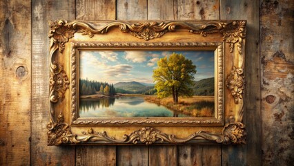 Elegant wooden picture frame with beautiful golden ornaments holds a serene landscape photograph on a vintage distressed wall.