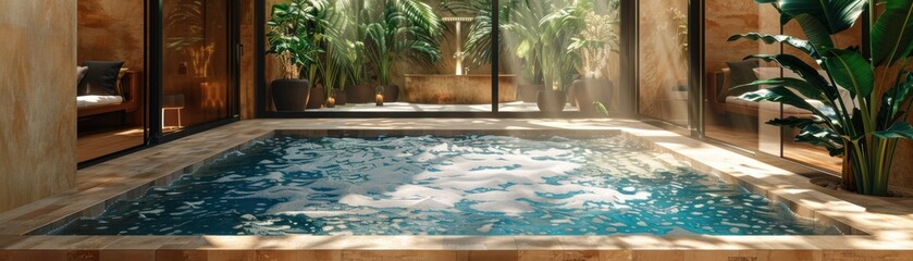 Fototapeta premium Luxurious indoor pool area with natural sunlight and tropical plants, perfect for relaxation and rejuvenation. Warm and inviting ambiance.