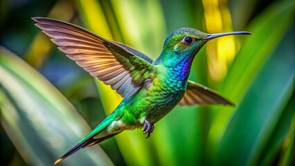 Fototapeta premium Vibrant green hummingbird with iridescent feathers and rapidly beating wings suspended in mid-air amidst lush tropical foliage background.