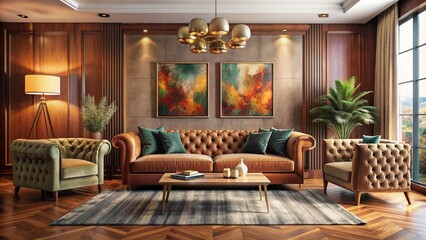 Spacious interior features a sleek four-seater sofa upholstered in rich velvet, surrounded by warm-toned wooden accents and vibrant wall art.