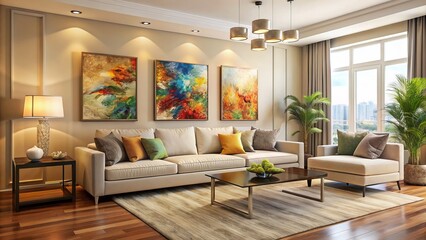 Fototapeta premium Spacious living room features comfortable four-seater sofa in neutral tones against warm beige wall adorned with vibrant colorful artwork.