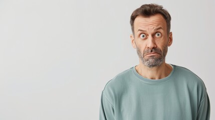 Obraz premium Portrait of a Middle-Aged Man Expressing Skepticism with Raised Eyebrow and Frown, Copy Space Included for Text Placement