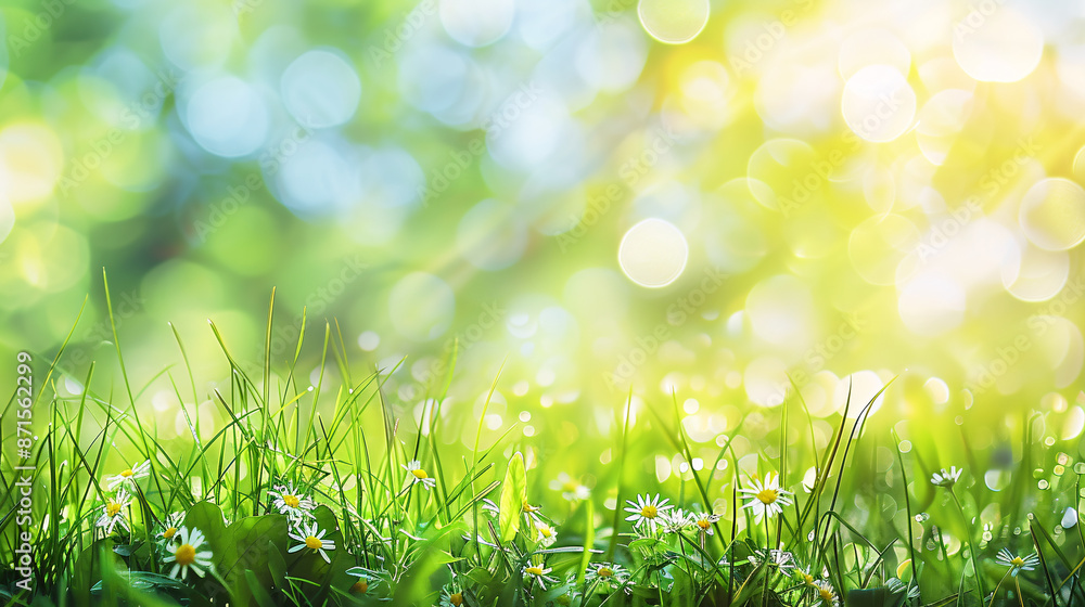 Poster a beautiful sunny spring meadow with green grass and a blue sky, featuring an abstract background wi