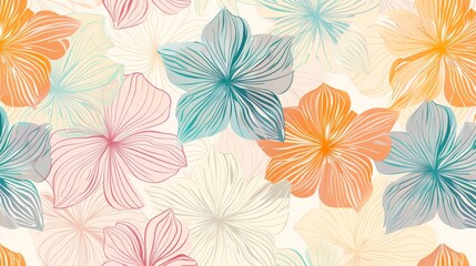 A seamless background featuring colorful line art of various flowers in a repeating pattern, ideal for wallpapers or fabric designs
