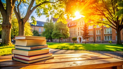 Obraz premium Vibrant university campus scene with books and academic materials in focus, warm sunlight casting a pleasant atmosphere.