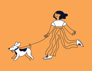Vector simple illustration in line style, girl walking with a dog on a lead, friendly mascot and character