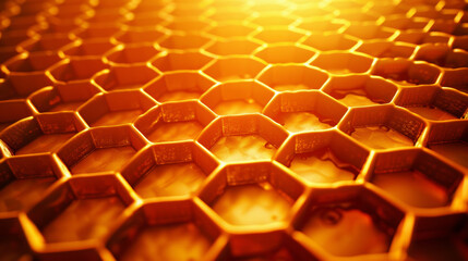 3d render of honeycomb hexagonal cell structure with golden light background.