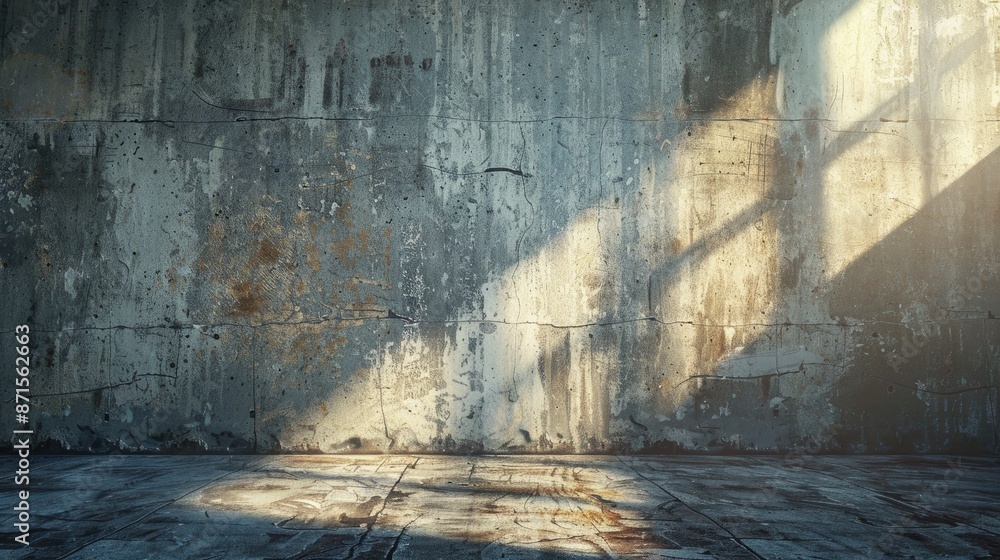 Poster shadows and light patterns on a grungy wall in an empty space
