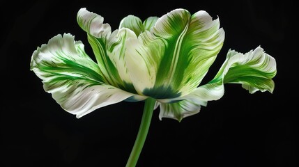 Glossy parrot tulip in green and white with veins isolated on black background