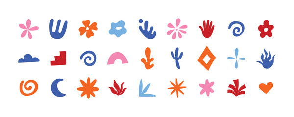 Vector illustration in simple wavy and groovy naive style, flowers and plants, floral frames and modern wall art prints, posters, placards, packaging, little icons and signs for branding