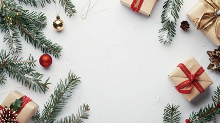 Gift boxes and twigs on white table space for text Holiday season