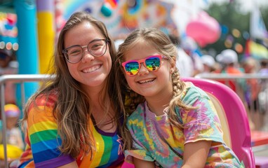 Naklejka premium A mother and daughter smile brightly at the camera, wearing rainbow-themed clothing. They are at a summer carnival.