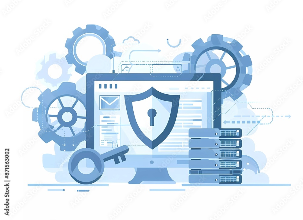 Poster a flat vector illustration of computer security, with a shield and key symbolizing data protection a