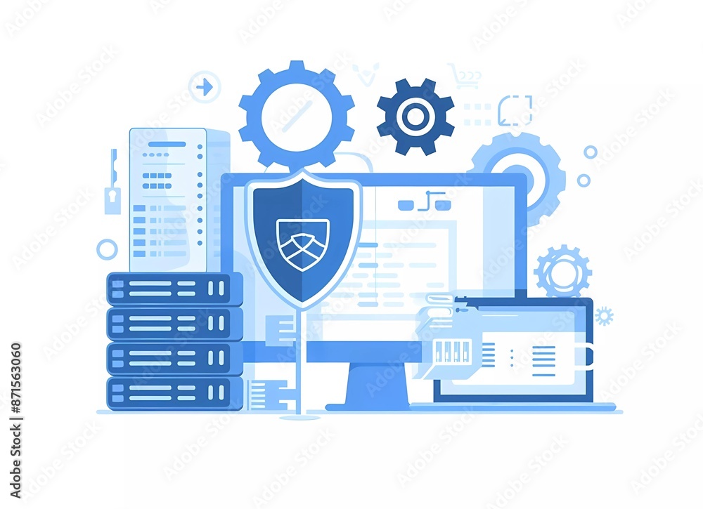 Poster a flat vector illustration of computer security, with a shield and key symbolizing data protection a