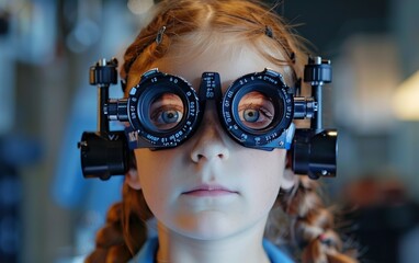 A young girl with red hair wears a phoropter during an eye exam.  She looks directly at the camera with a serious expression.