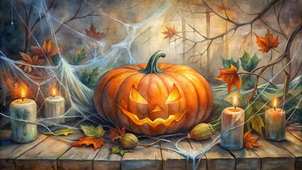 Vibrant orange pumpkin Jack-O-Lantern centerpiece surrounded by eerie cobwebs, festive fall leaves, and spooky cauldrons on rustic wooden table.