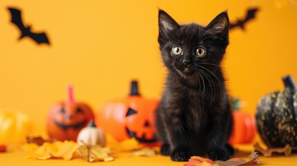 Fluffy black kitten on yellow background with Halloween theme and space for text
