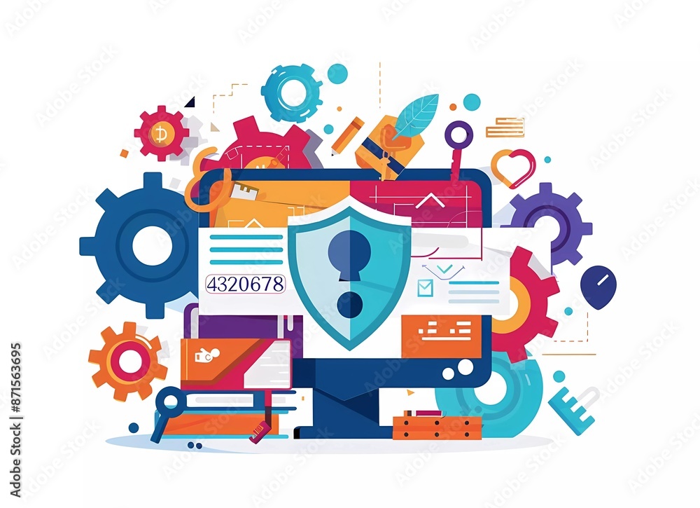 Fototapete A flat vector illustration of computer security, with a shield and key symbolizing data protection and an abstract web page on the screen