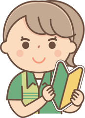 初心者マークを持ったアルバイトの女性