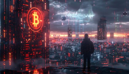 Digital currency wallet, holographic interface, secure transaction, futuristic city backdrop