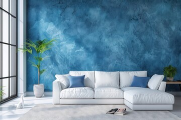 Blue wall in modern Scandinavian living room interior design of cozy home