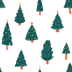 Seamless pattern of various decorated Christmas trees for the design of holiday souvenirs. Decorated Christmas trees for a festive mood. Flat vector illustration.