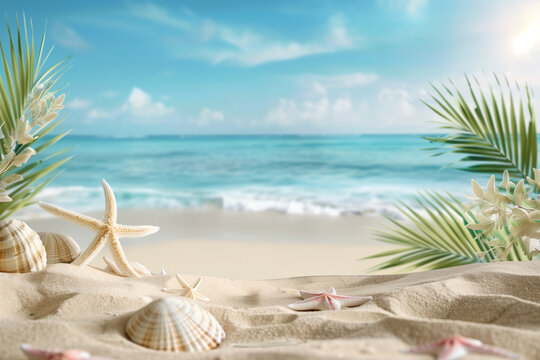 Beautiful summer background with seashells, starfish and palm leaves on the beach in front of blue sea water. Summer vacation concept.
