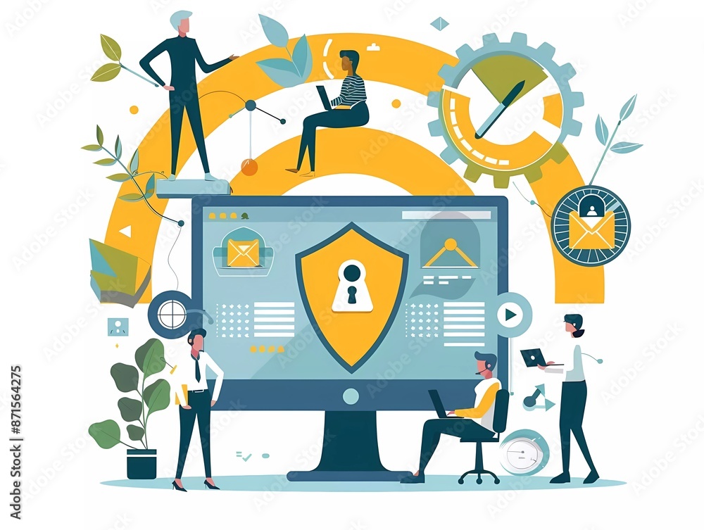 Poster flat design vector illustration of a team of business people working on laptop computers with securi