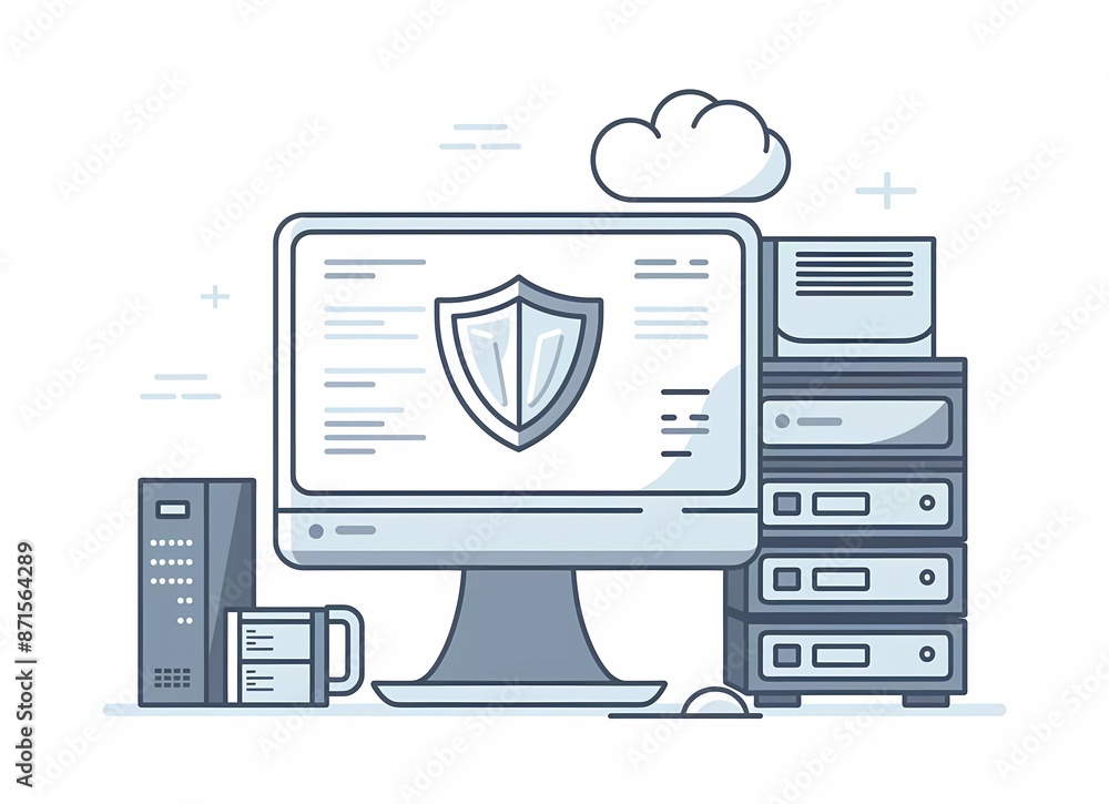 Poster simple flat color vector art of cloud security with monitor and web server, in the style of white ba