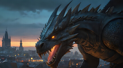Fototapeta premium a dragon that is standing on a ledge in the city
