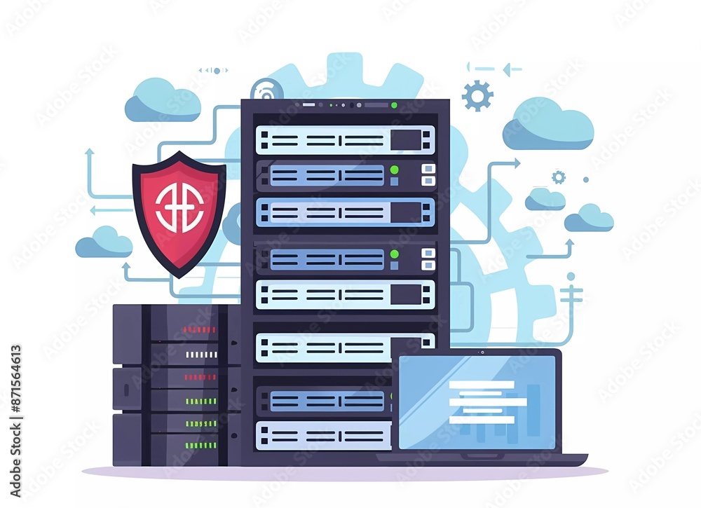 Poster flat vector illustration of a server rack, shield and gear with a laptop in a white background for w
