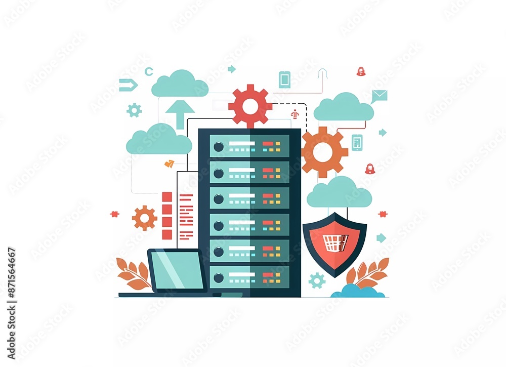 Aufkleber flat vector illustration of a server rack, shield and gear with a laptop in a white background for w