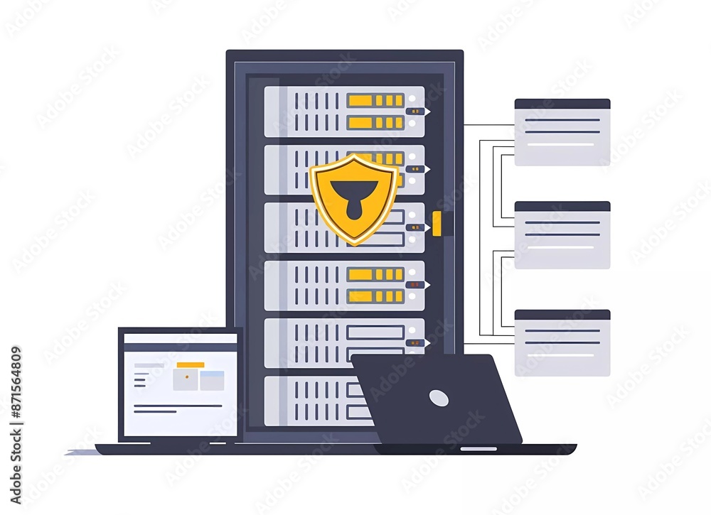 Aufkleber flat vector illustration of a server rack with a security shield and laptop, in a simple flat design