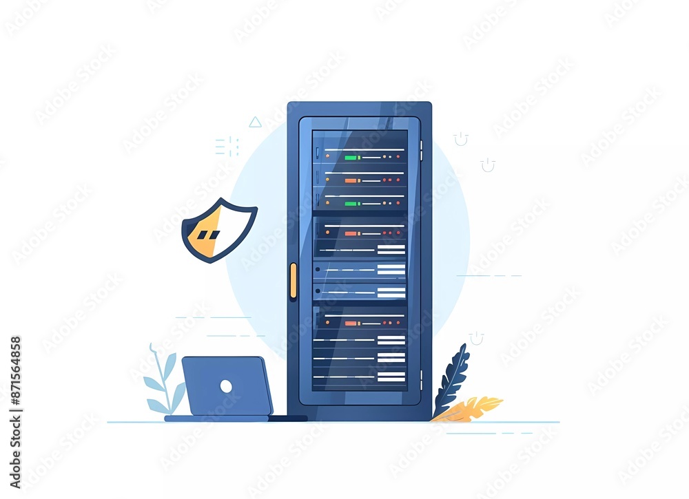 Aufkleber flat vector illustration of a server rack with a security shield and laptop, in a simple flat design