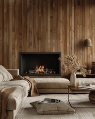 Sofa by Fireplace and Wooden Paneling Wall in Modern Living Room with Japandi Interior Design
