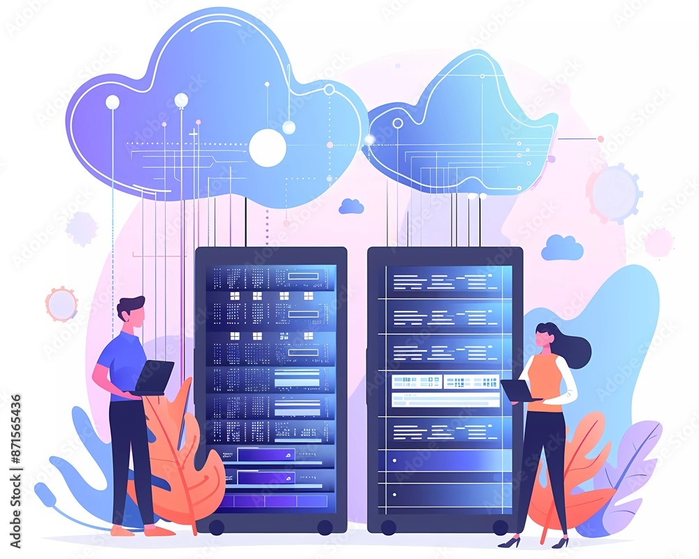 Poster flat vector illustration of two people working in front of cloud server with data center, depicting 